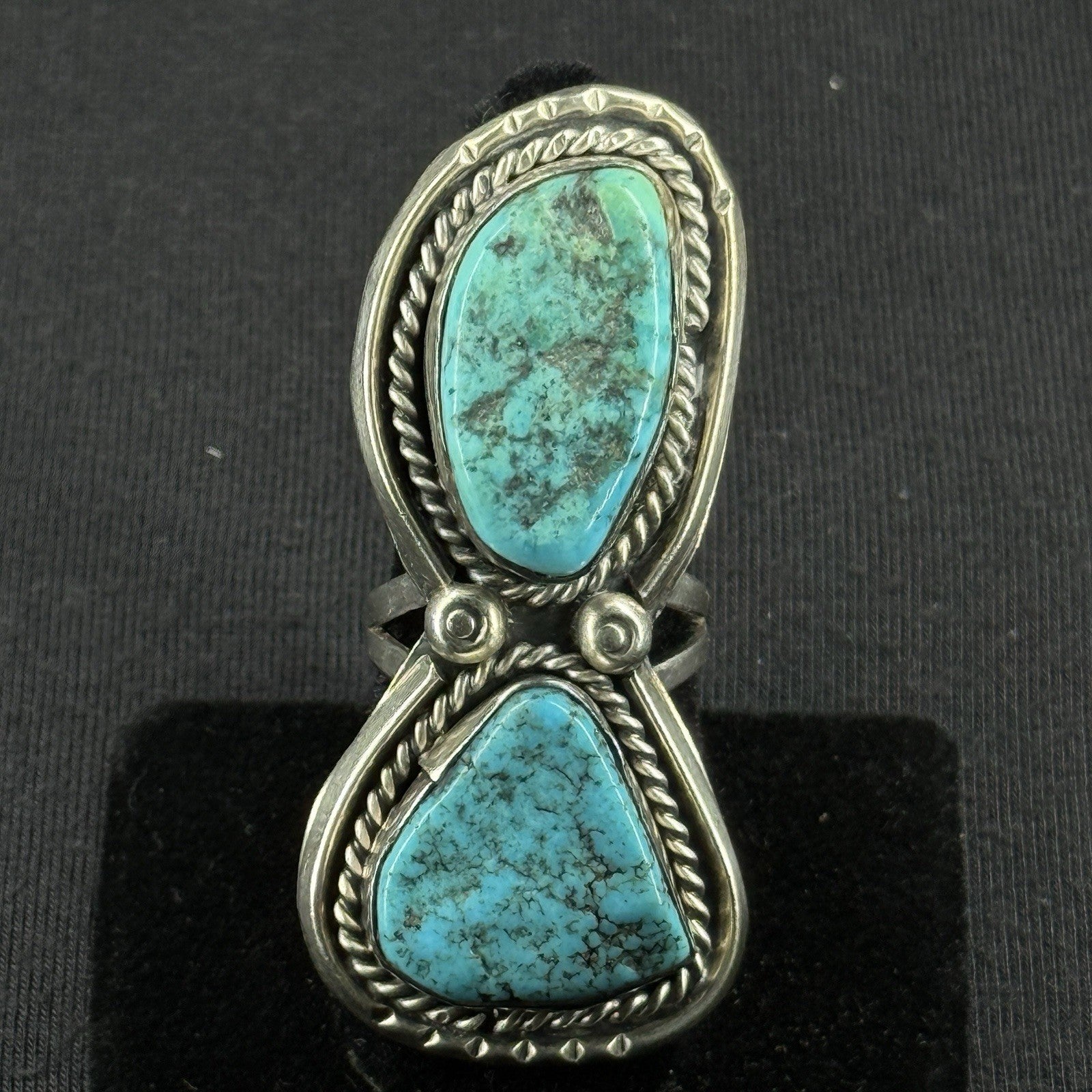 Large Native Double Turquoise Sterling Silver Ring Navajo Size 7 925 ZIT