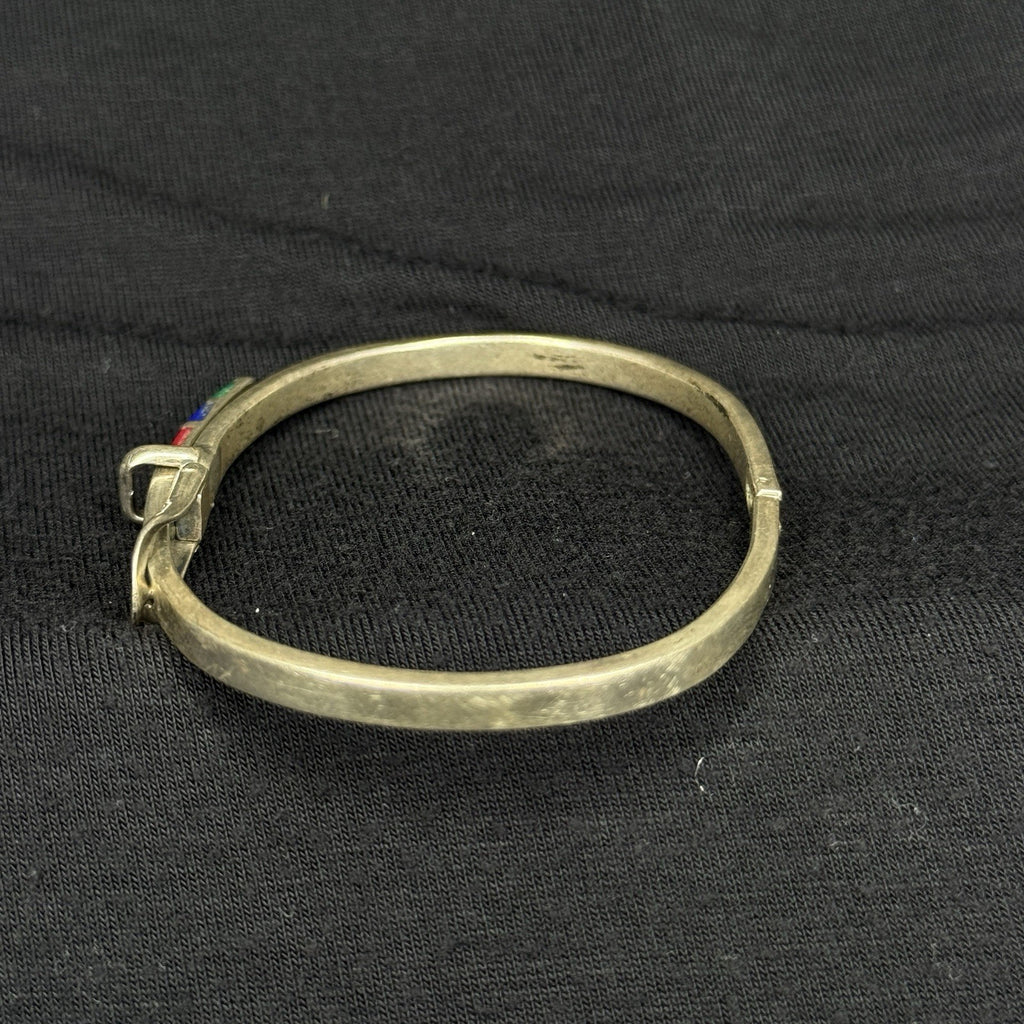 Estate Sterling Silver Belt Buckle Stone Inlay Bangle Bracelet Cuff 925 Mexico