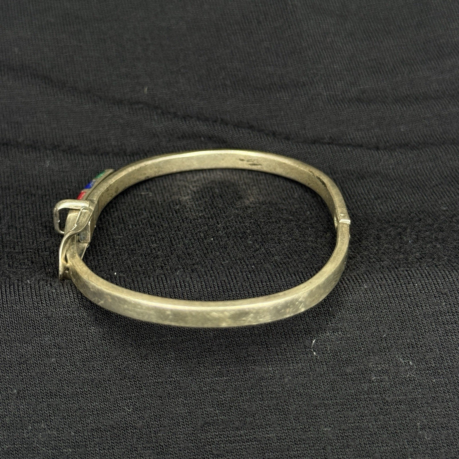 Estate Sterling Silver Belt Buckle Stone Inlay Bangle Bracelet Cuff 925 Mexico