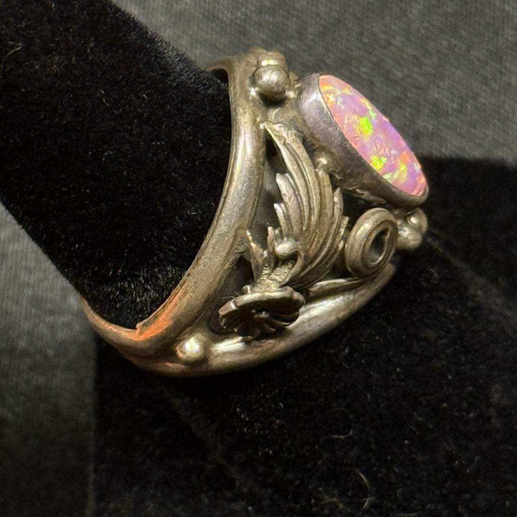 Native American Sterling Silver Ring Pink Fire Opal Signed Nila Johnson Sz 6.75