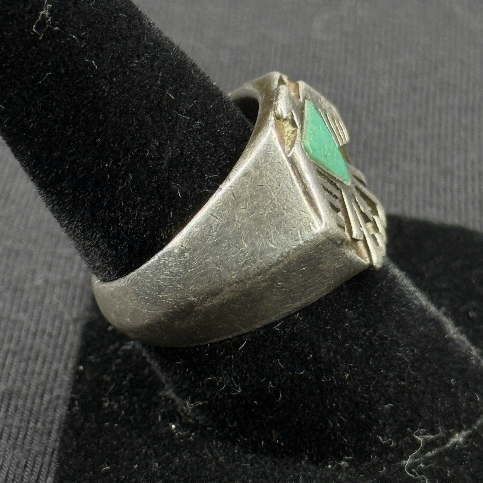 Native Green Turquoise Sterling Silver Thunder Bird Ring Size 8 925 Heavy