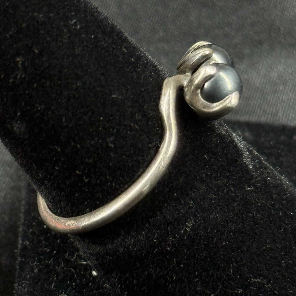 Estate Sterling Silver Ring Two Black Pearl Band Size 7.5 925