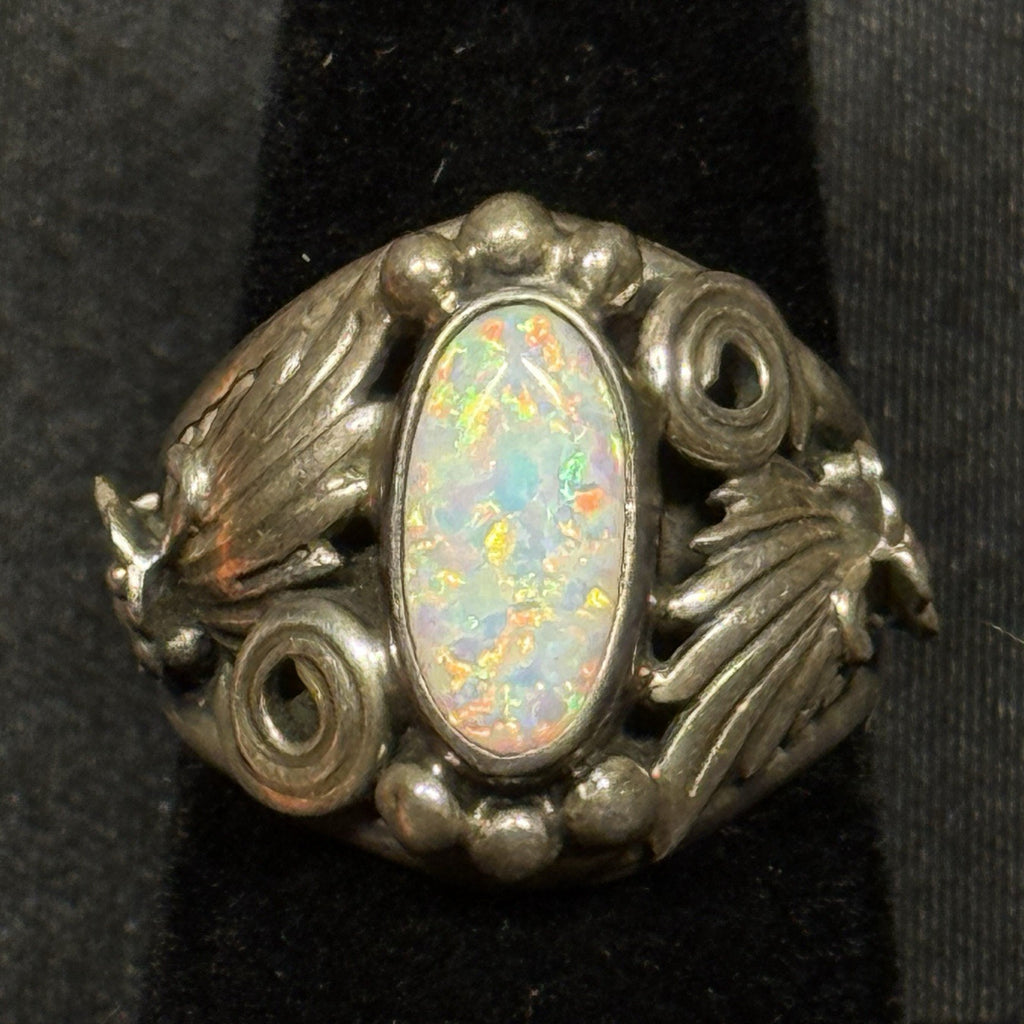 Native Running Bear Sterling Silver Ring White Fire Opal Signed RB Size 6.5