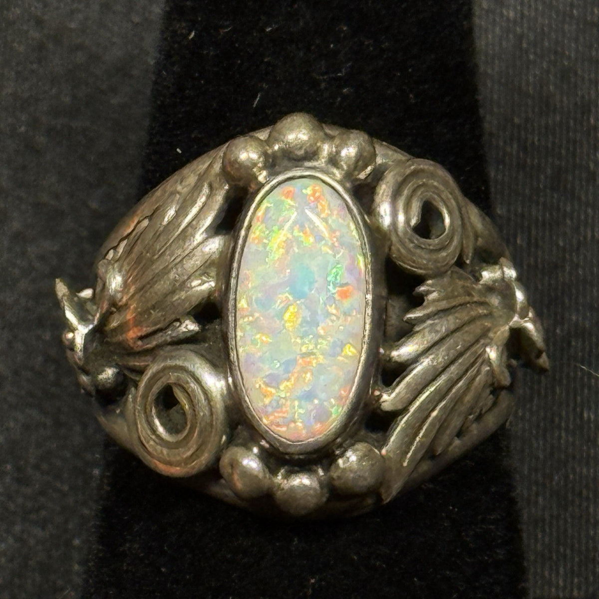 Native Running Bear Sterling Silver Ring White Fire Opal Signed RB Size 6.5