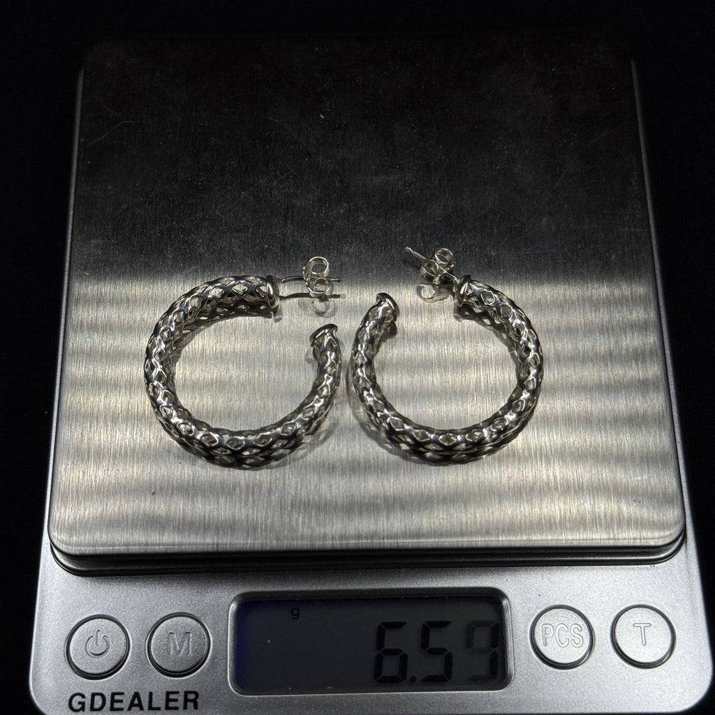 Estate Sterling Silver Earrings Open Work Mesh Hoop Stud 925