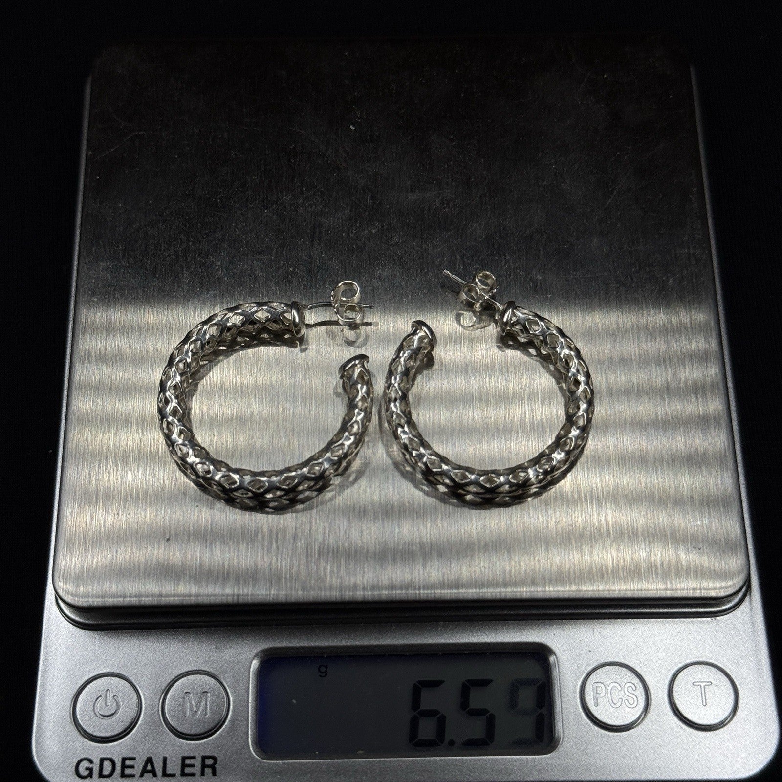 Estate Sterling Silver Earrings Open Work Mesh Hoop Stud 925