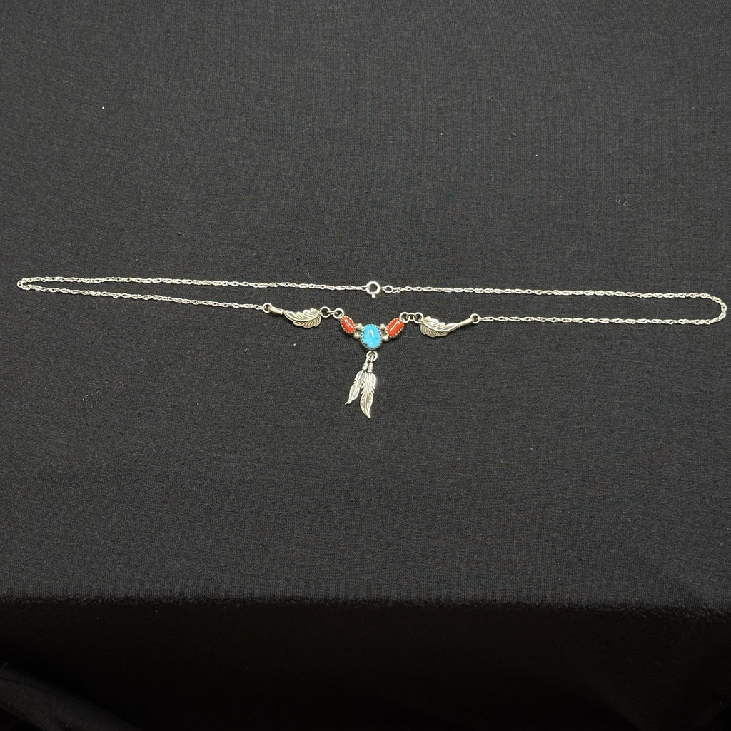 Estate Sterling Silver Necklace Native Navajo Turquoise Coral Feathers 925 20IN