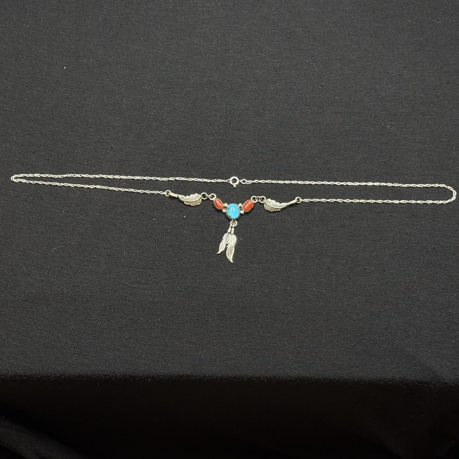 Estate Sterling Silver Necklace Native Navajo Turquoise Coral Feathers 925 20IN