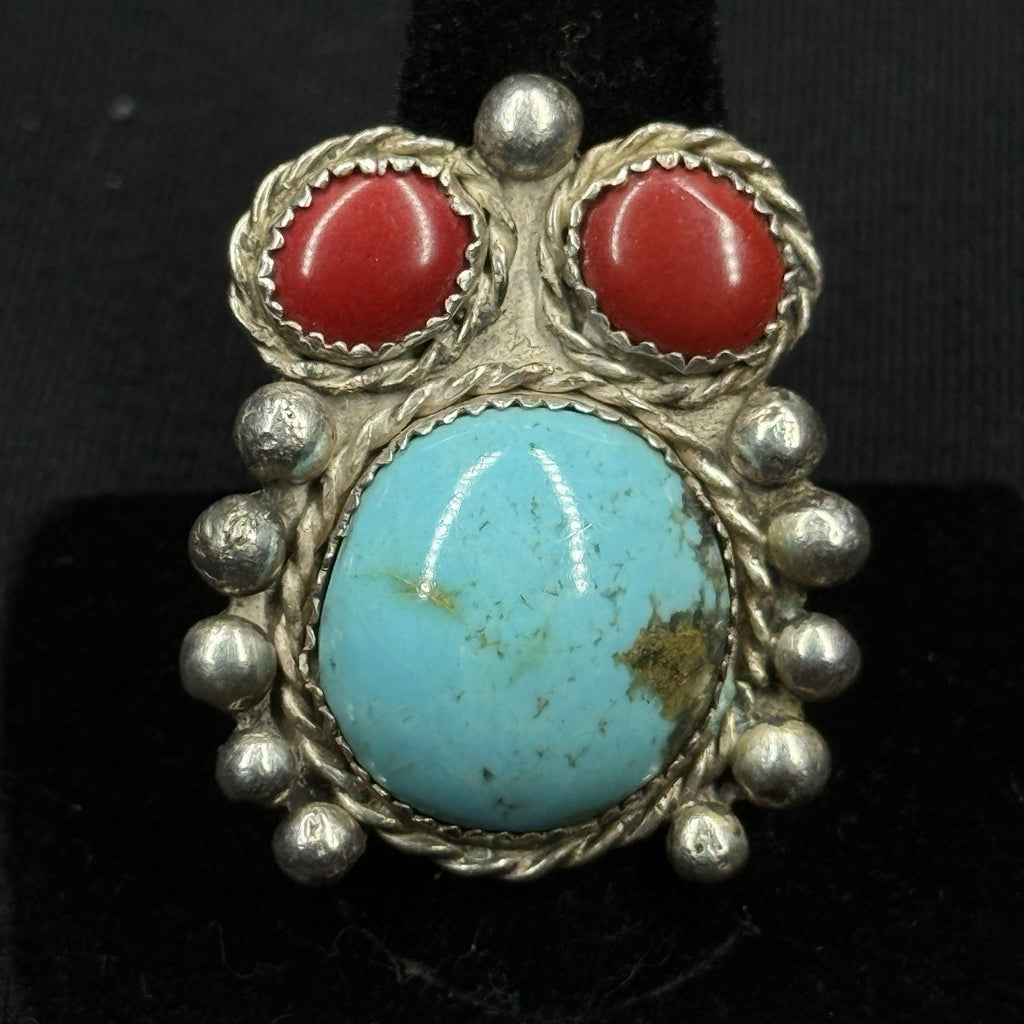 Native Turquoise Coral Large Unique Sterling Silver Ring Size 8 925