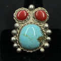 Native Turquoise Coral Large Unique Sterling Silver Ring Size 8 925