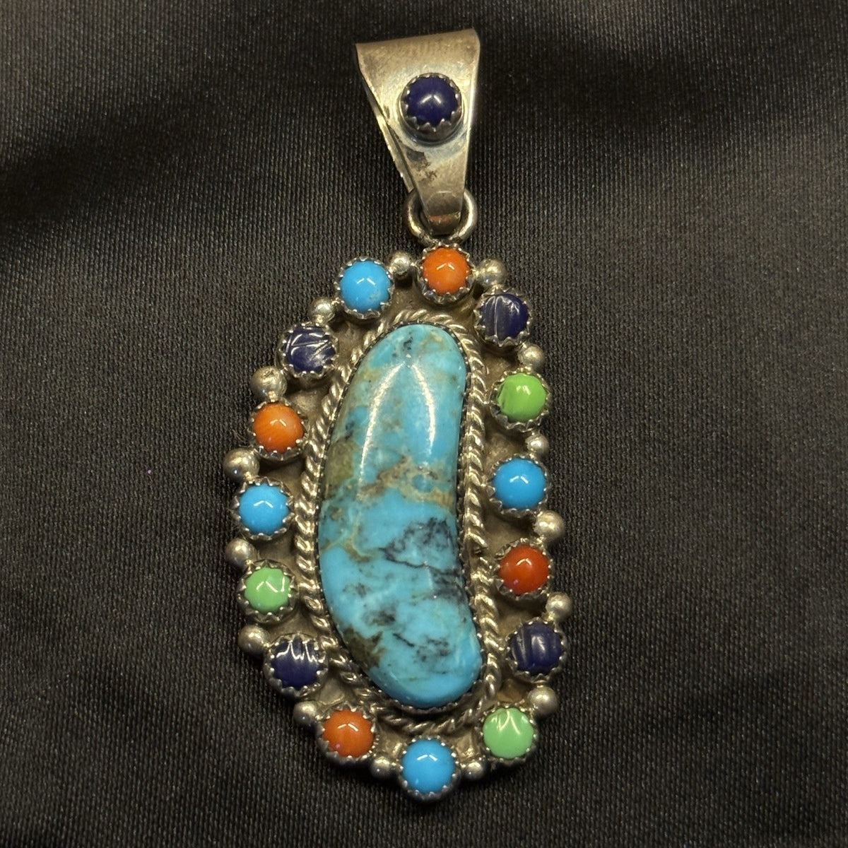 Native American Sterling Silver Pendant Turquoise Multi Stone Signed LN
