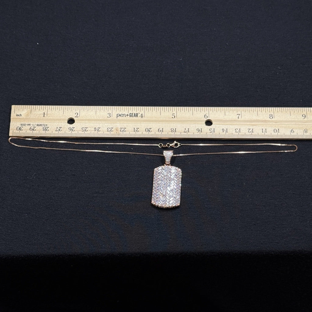 Estate Sterling Silver CZ Chevron Pendant Necklace Dog Tag Rose Gold 925 19IN