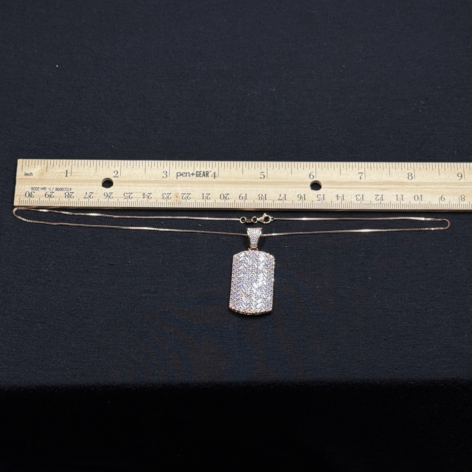 Estate Sterling Silver CZ Chevron Pendant Necklace Dog Tag Rose Gold 925 19IN