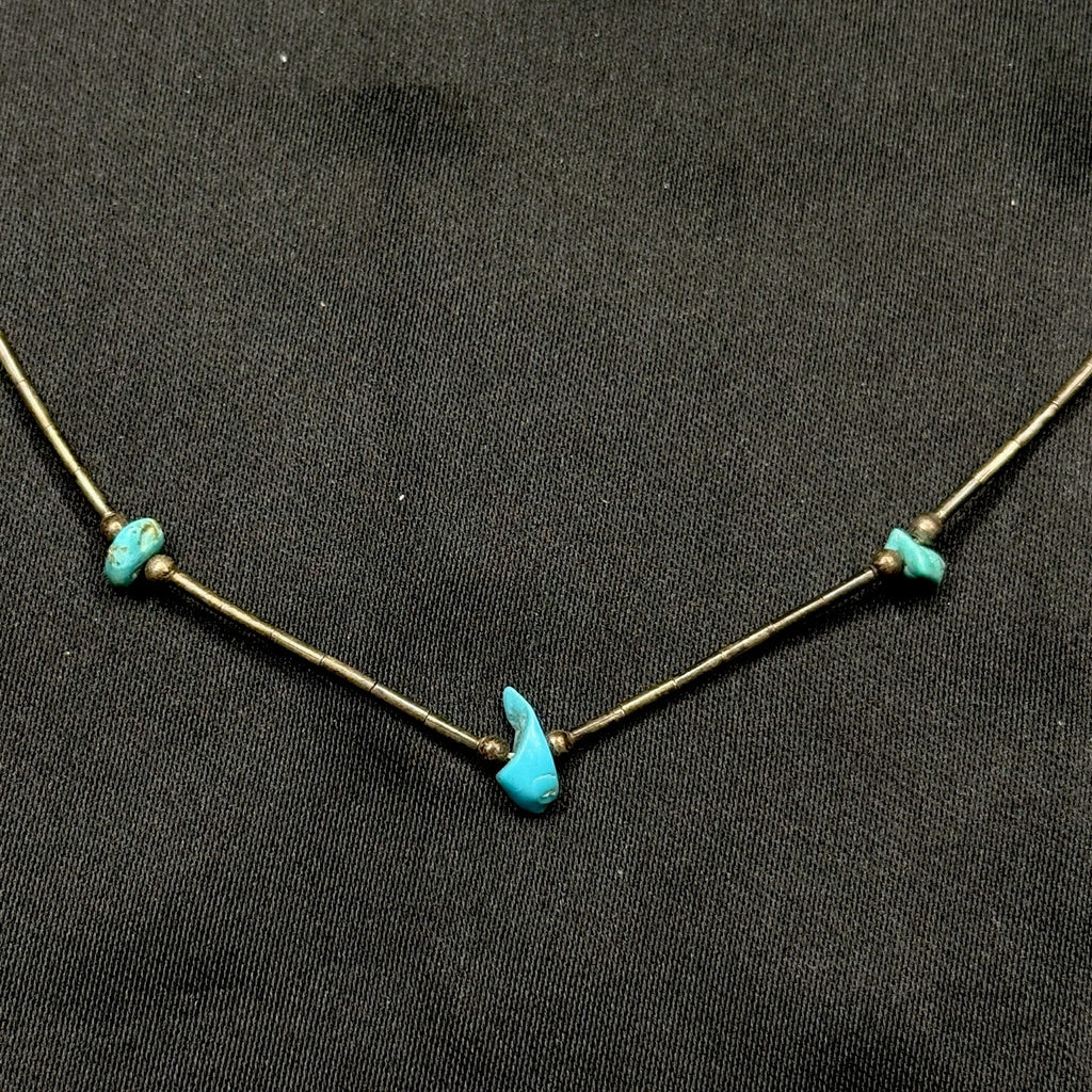 Native American Sterling Liquid Silver Turquoise Nugget Bead Necklace 14 Inch