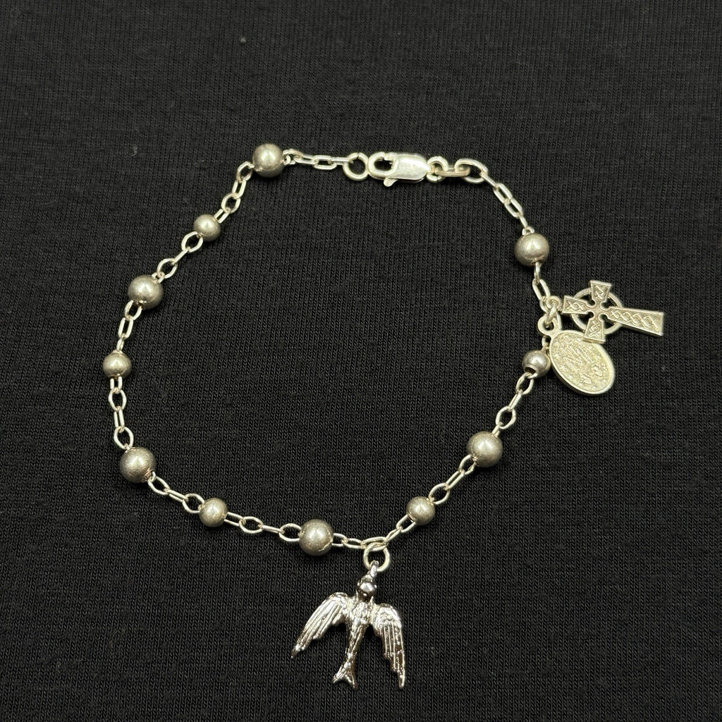 Estate Sterling Silver Rosary Bracelet Dove,Celtic Cross 925. 7 In