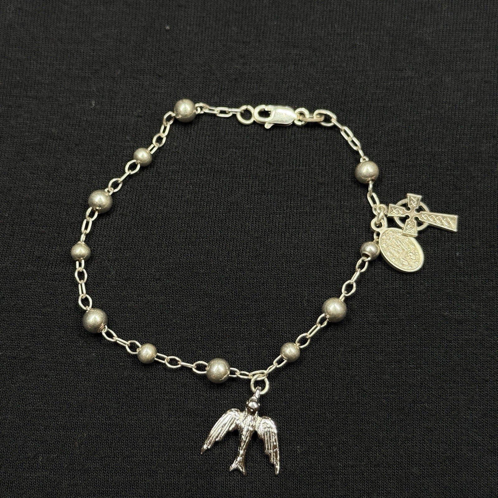 Estate Sterling Silver Rosary Bracelet Dove,Celtic Cross 925. 7 In