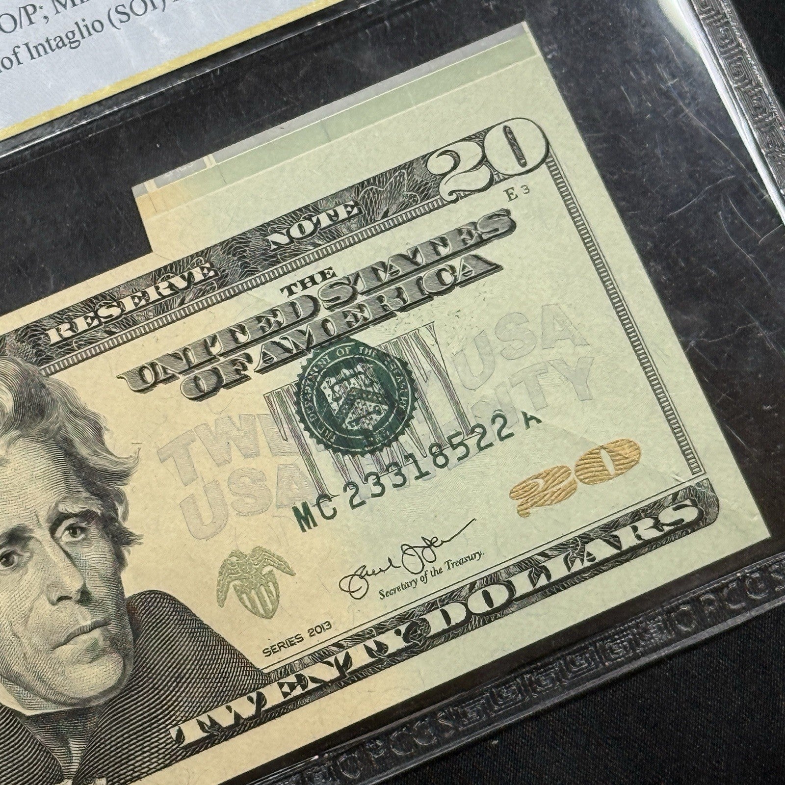 2013 $20 FRN ERROR PCGS AU58 Missing Overprint Cutting Error SOI Note Fr 2097-C