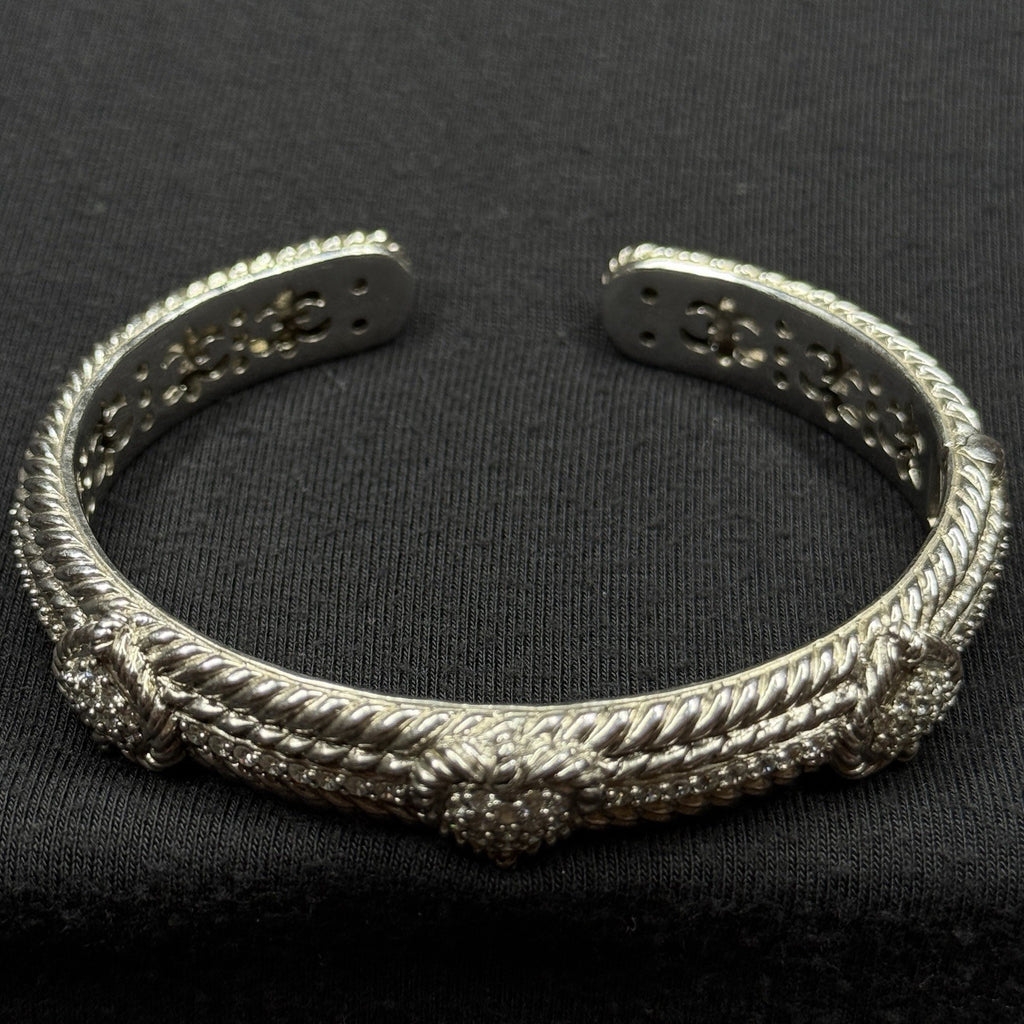 Estate Judith Ripka Sterling Silver Cuff Bracelet 3 Heart Design CZ