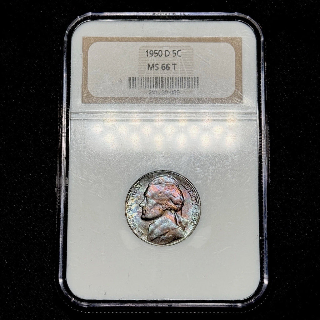 1950-D NGC 8.0 Holder T Designation MS 66 T Jefferson Nickel Rainbow Toned