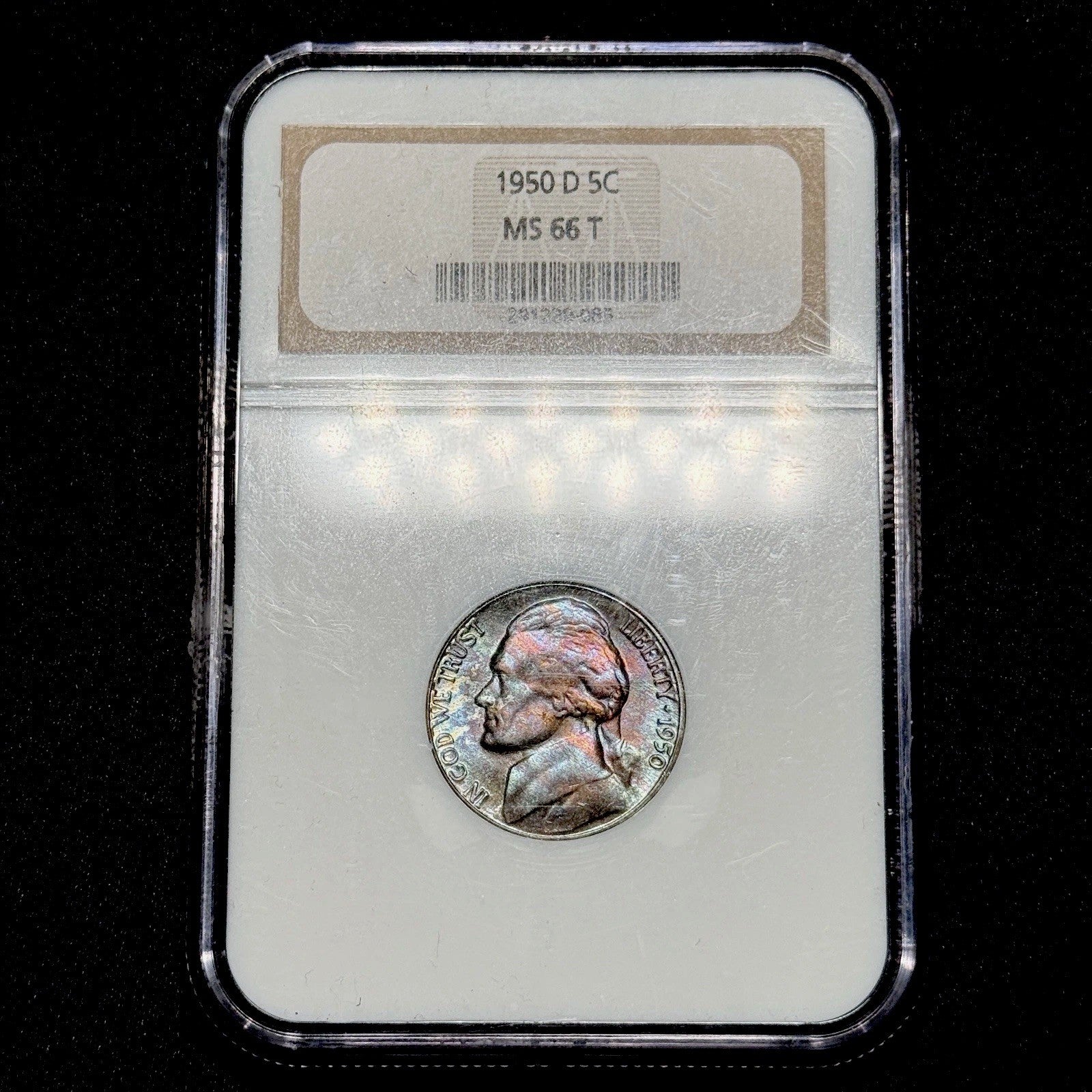 1950-D NGC 8.0 Holder T Designation MS 66 T Jefferson Nickel Rainbow Toned