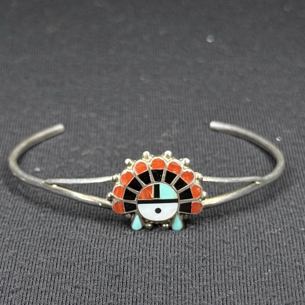 Native Sterling Silver Cuff Bracelet Zuni Sun Face Inlay Turquoise Coral 925 O R