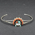 Native Sterling Silver Cuff Bracelet Zuni Sun Face Inlay Turquoise Coral 925 O R