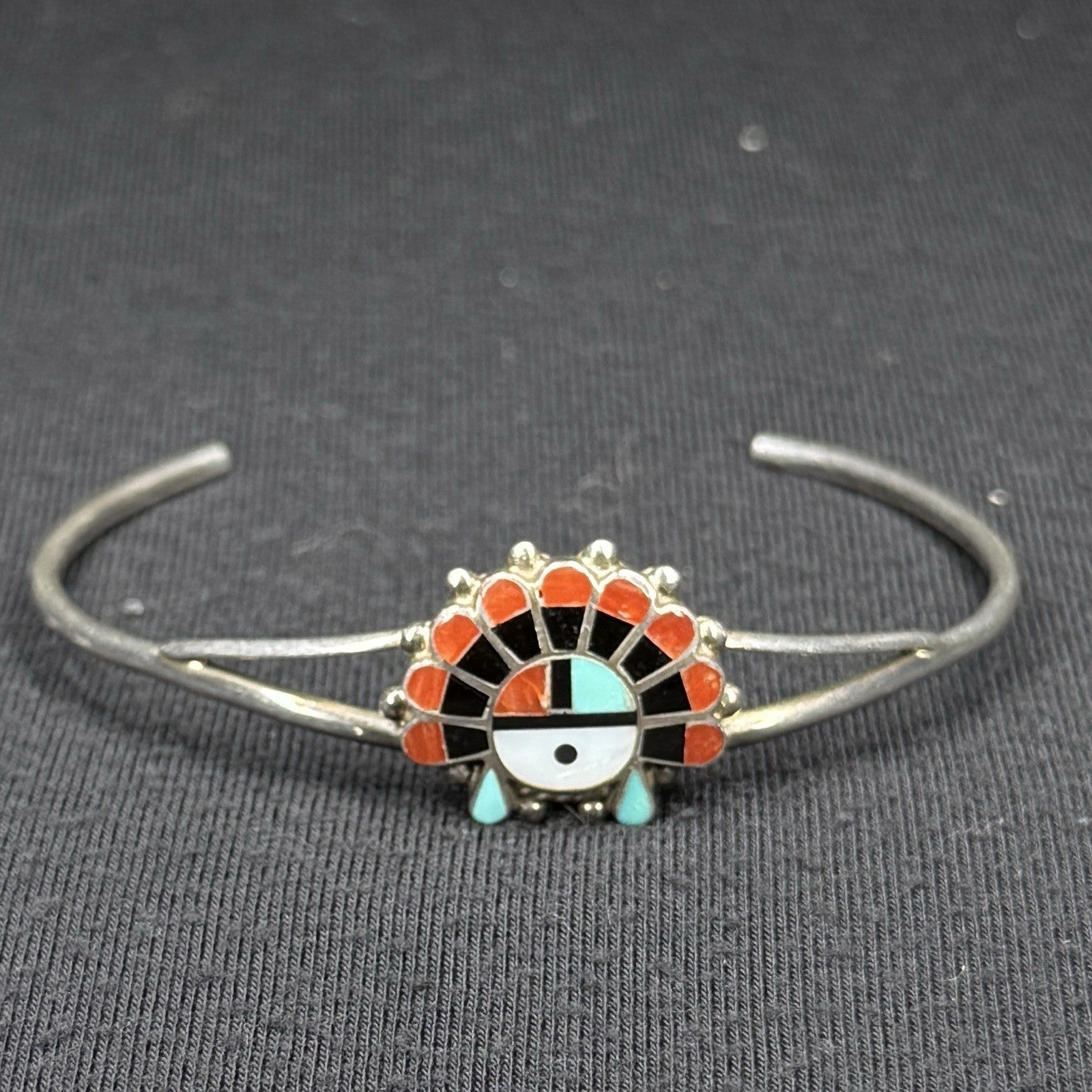 Native Sterling Silver Cuff Bracelet Zuni Sun Face Inlay Turquoise Coral 925 O R