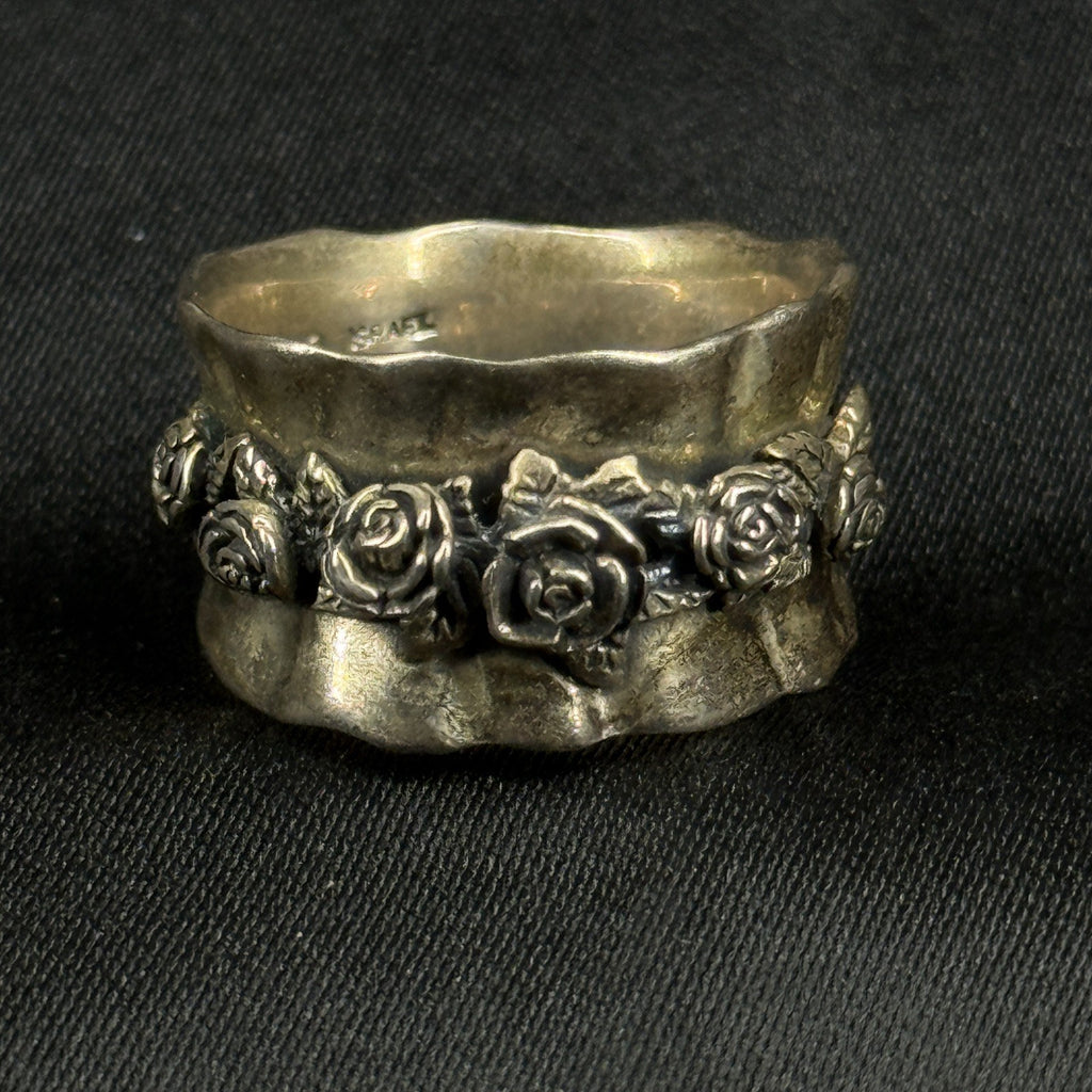Estate Sterling Silver Ring floral Wide Band Size 6.75 925