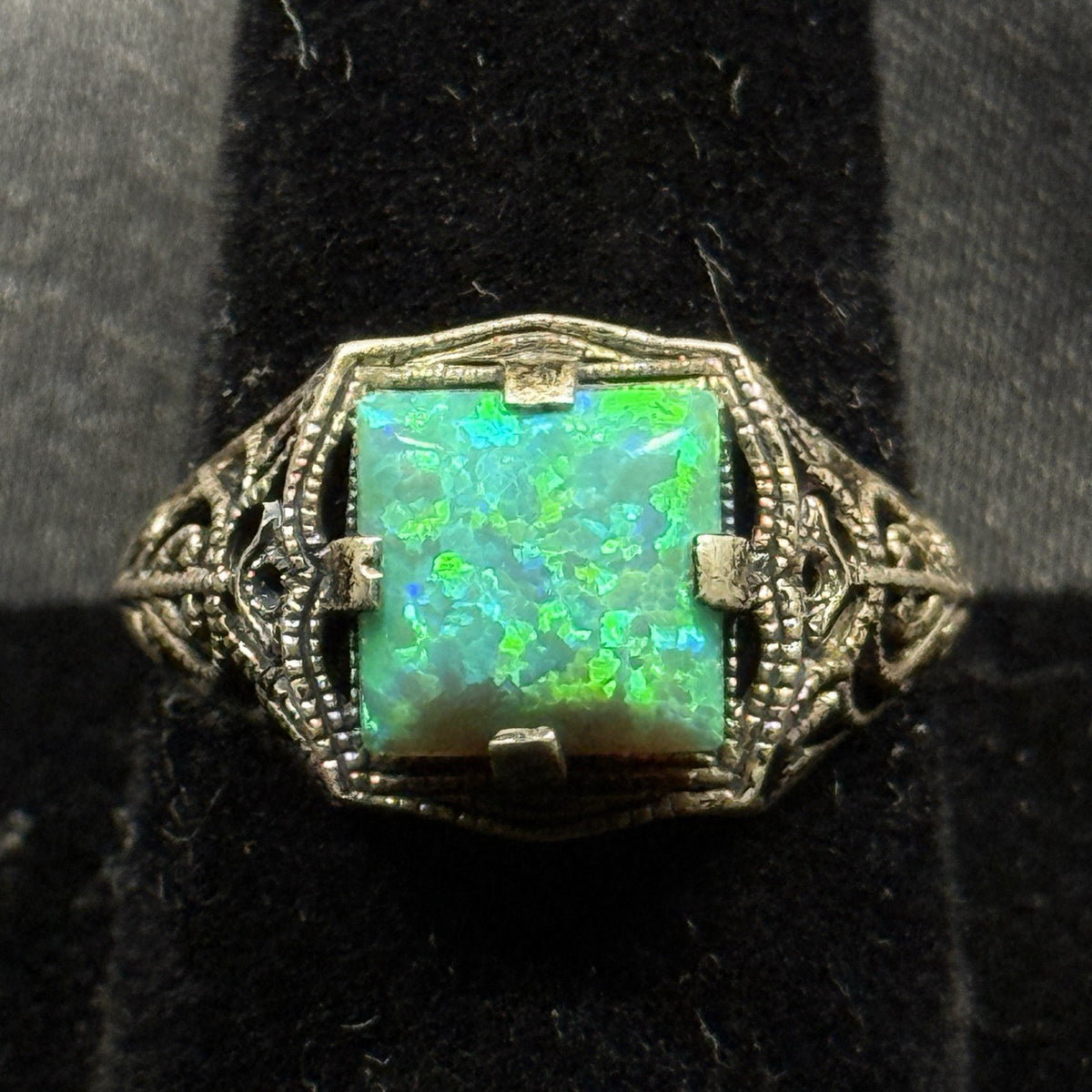Sterling Ring Silver Ring Art Deco Filigree Green Opal Size 7.5 Signed SS