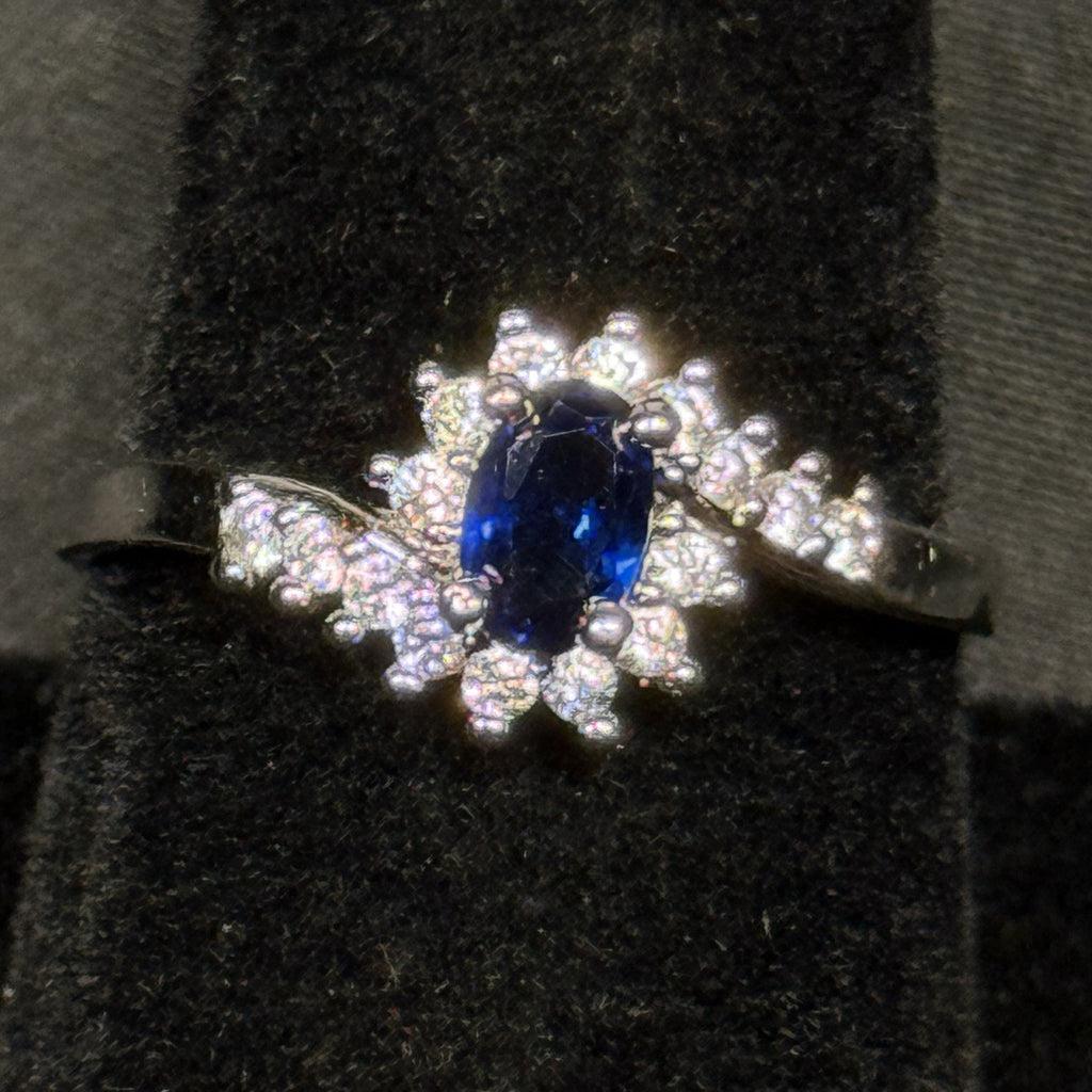 Estate Sterling Silver Ring Stone Blue Sapphire Halo CZ SZ 8.25 925
