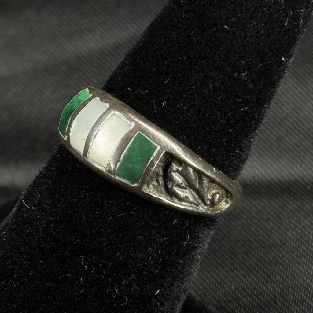Estate Sterling Silver Ring Malachite Mother Of Pearl Inlay Size 6 925
