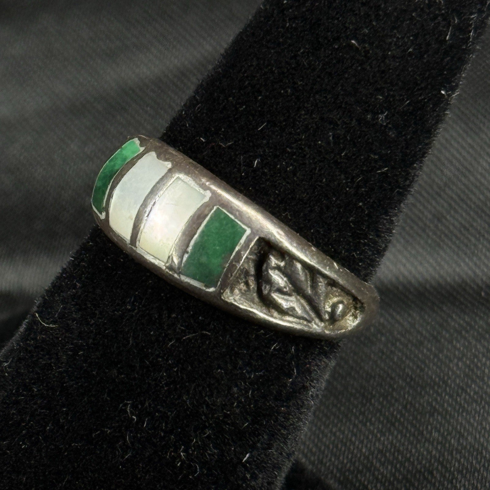 Estate Sterling Silver Ring Malachite Mother Of Pearl Inlay Size 6 925