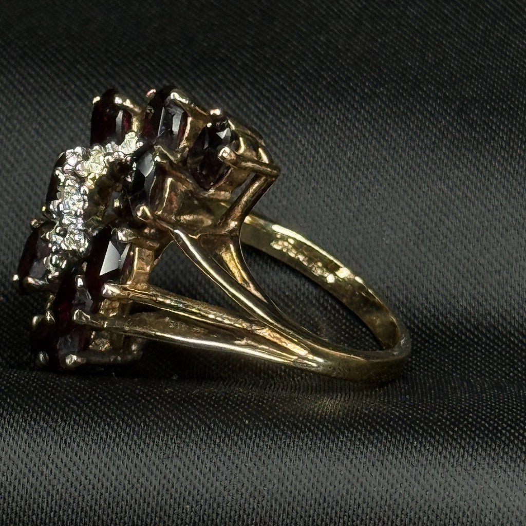 Estate Sterling Silver Ring Garnet CZ Cluster Gold Washed Size 7.5 925