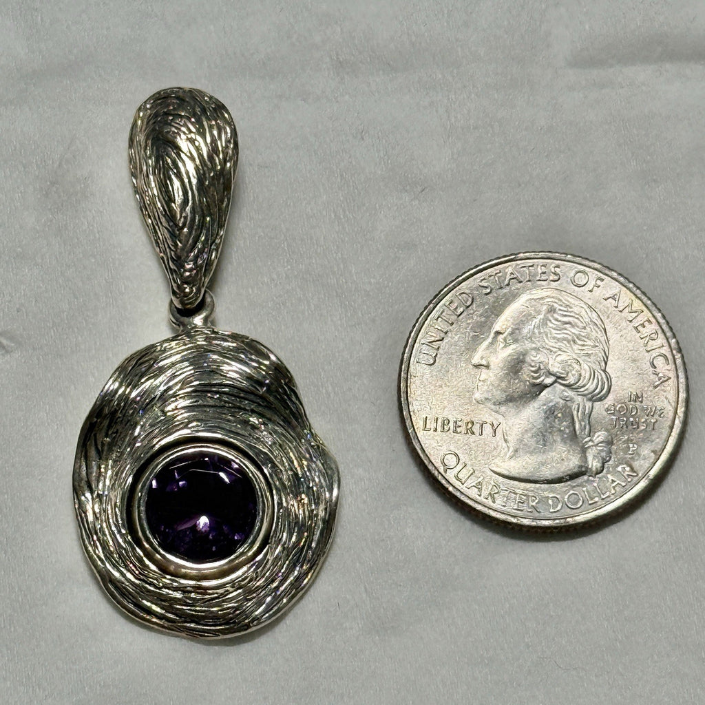 Sterling Silver Naturalist Wood Finish Amethyst Pendant 925 Israel Signed