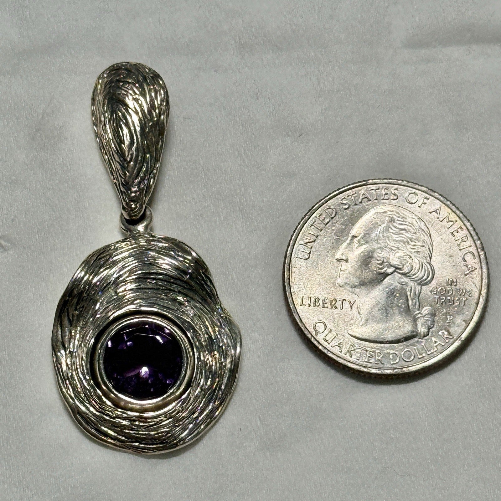 Sterling Silver Naturalist Wood Finish Amethyst Pendant 925 Israel Signed