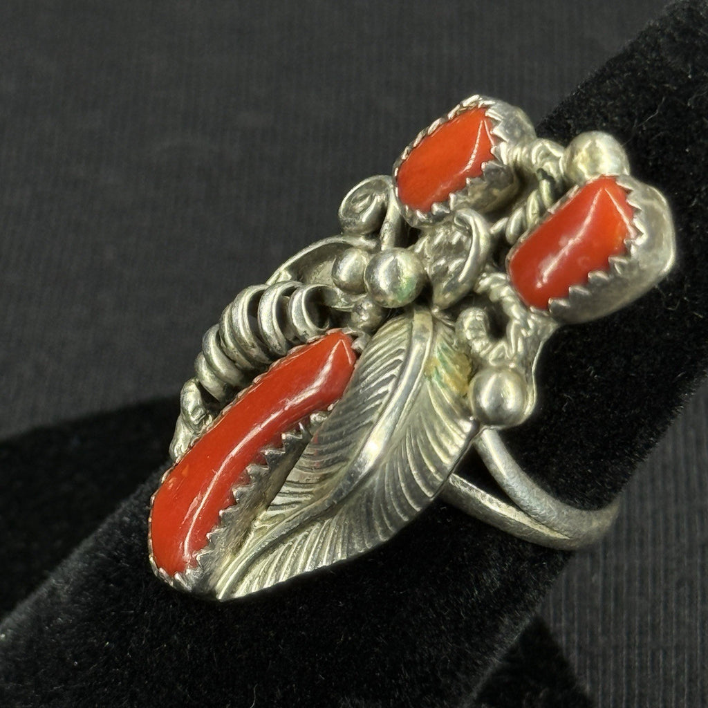 Native Red Coral Feather Vine Sterling Silver Ring Size 5.5 925 XZR