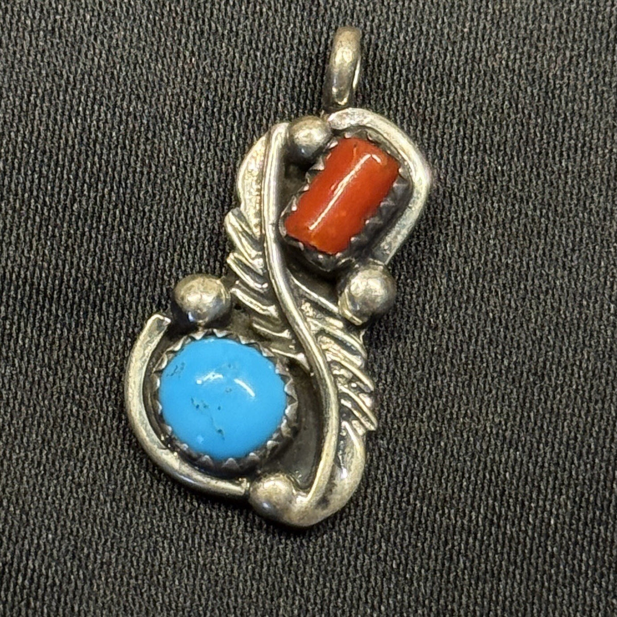 Native American Sterling Silver Pendant Turquoise Coral Signed PC Navajo