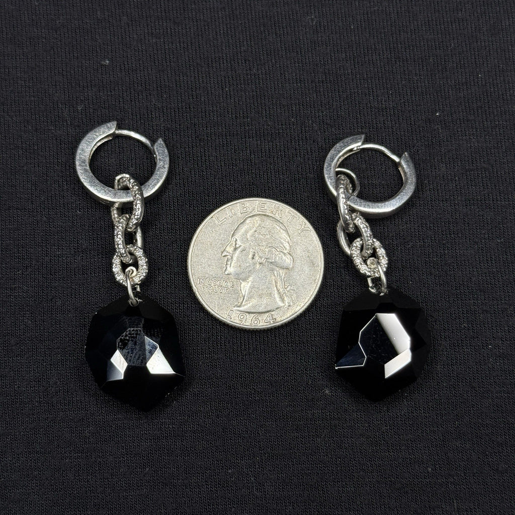 Estate Sterling Silver Earrings Black Stone Drop CZ 925