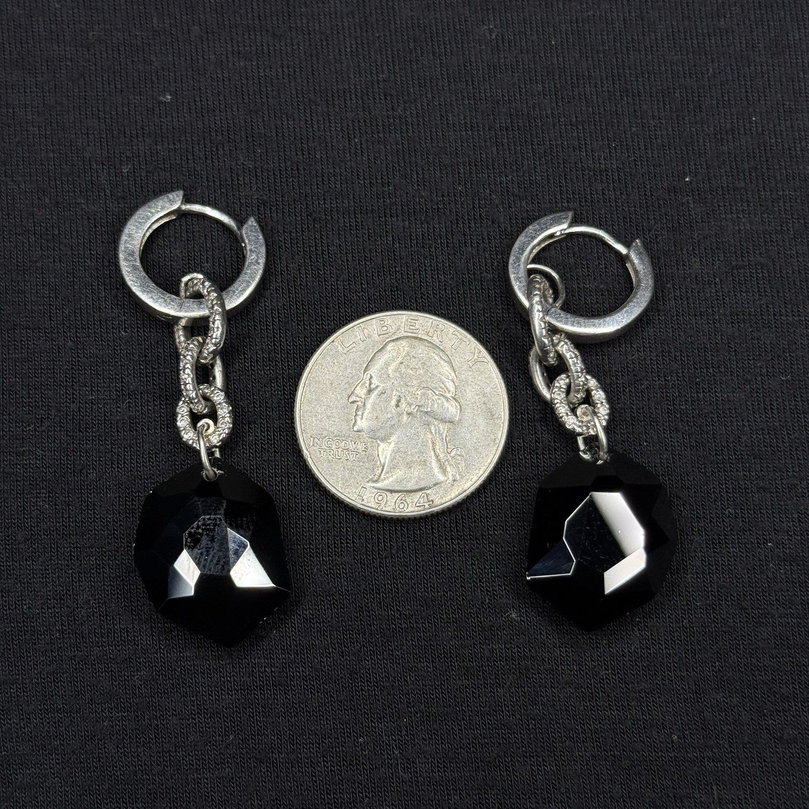 Estate Sterling Silver Earrings Black Stone Drop CZ 925