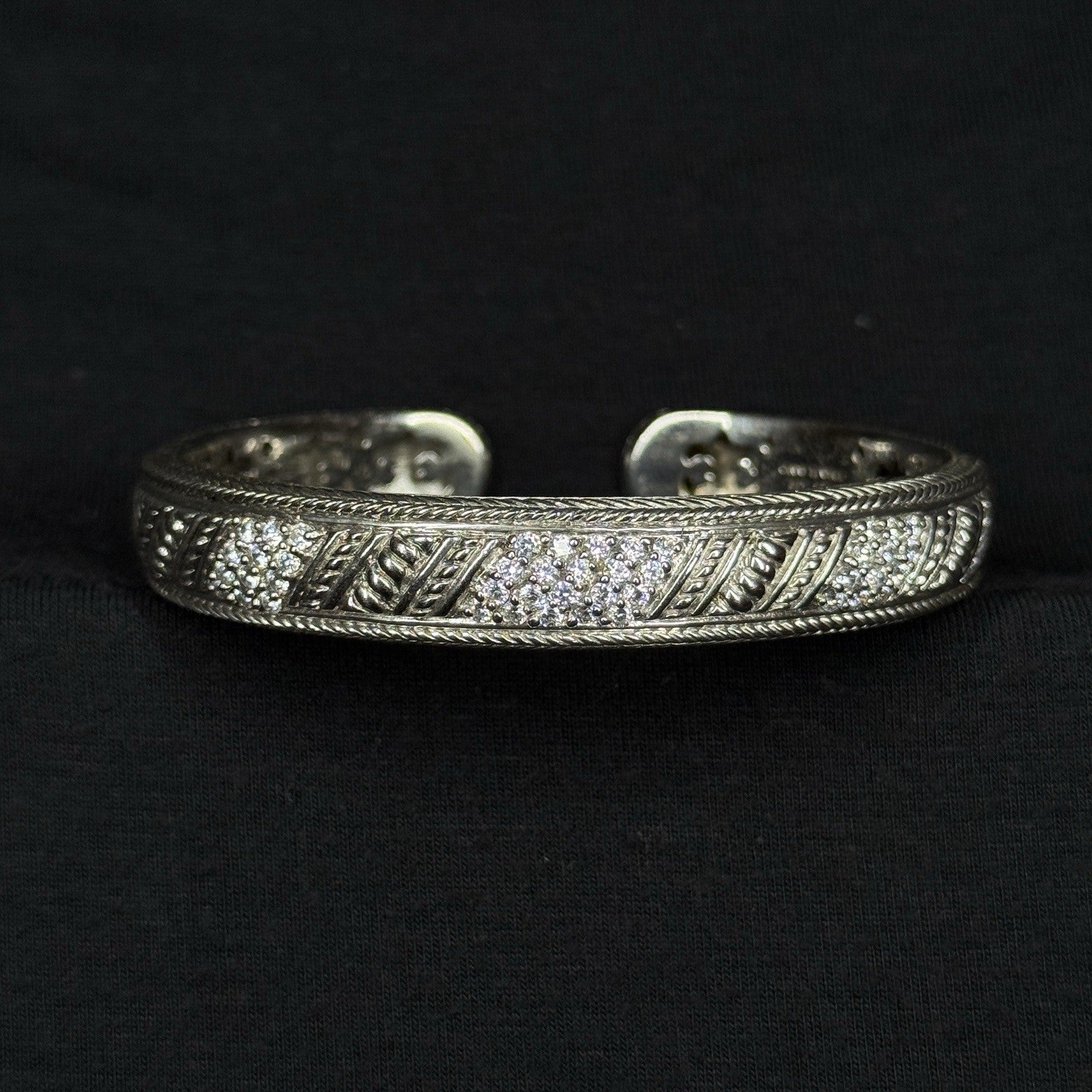 Estate Judith Ripka Sterling Silver Cuff Bracelet Rope Design CZ