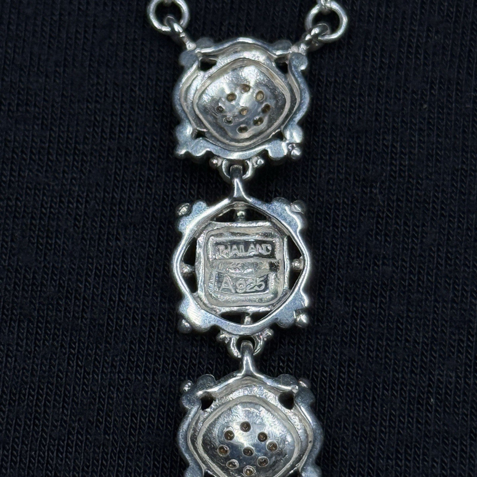 Estate Sterling Silver 925 Necklace CZ Marcasite 3 Tier 925A 19IN