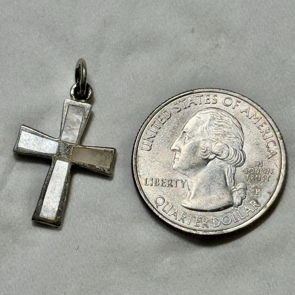 Sterling Silver Mother of Pearl Cross inlay Vintage Pendant Signed