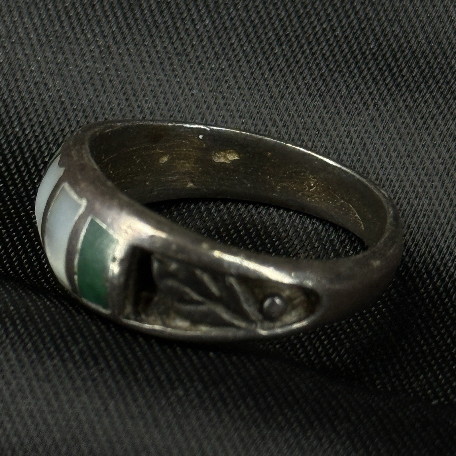 Estate Sterling Silver Ring Malachite Mother Of Pearl Inlay Size 6 925