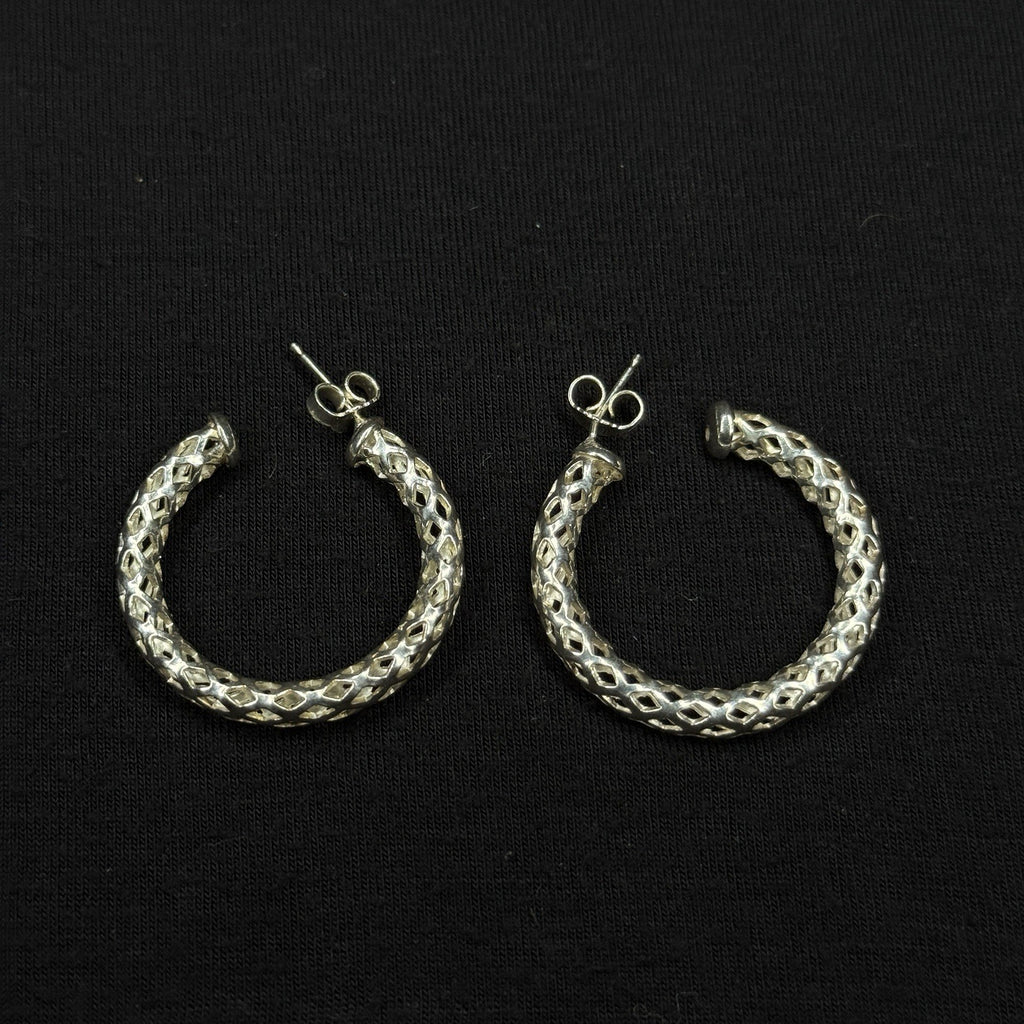 Estate Sterling Silver Earrings Open Work Mesh Hoop Stud 925
