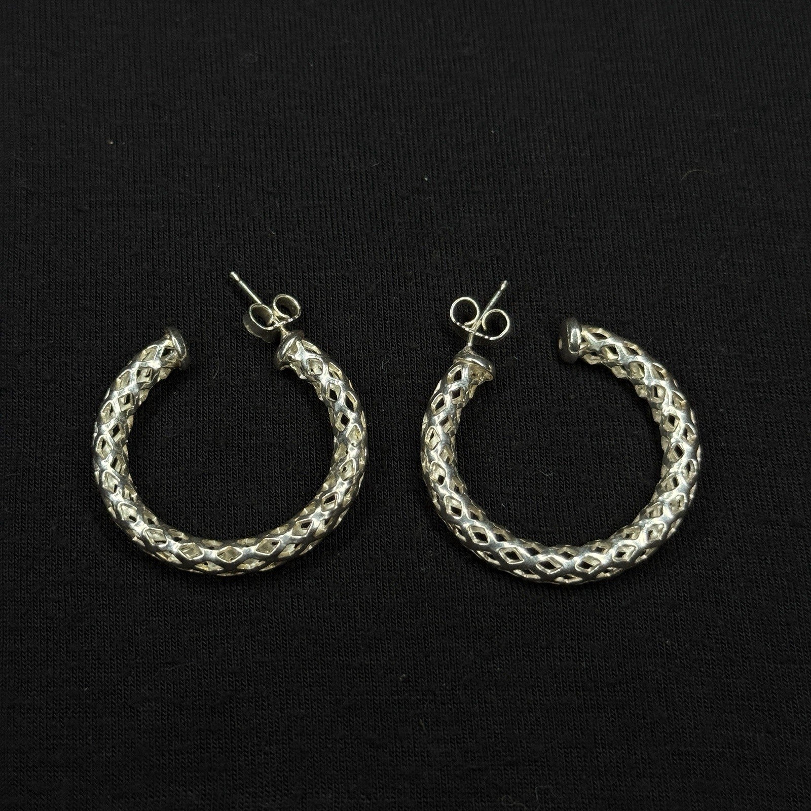 Estate Sterling Silver Earrings Open Work Mesh Hoop Stud 925