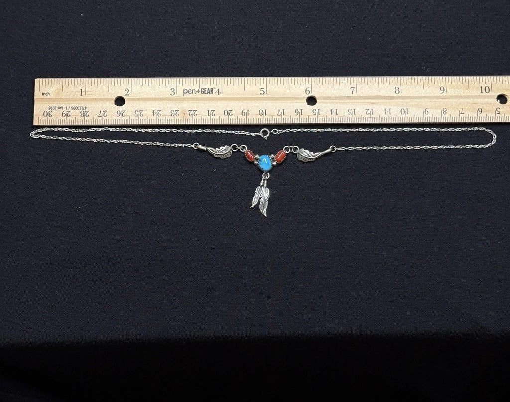 Estate Sterling Silver Necklace Native Navajo Turquoise Coral Feathers 925 20IN