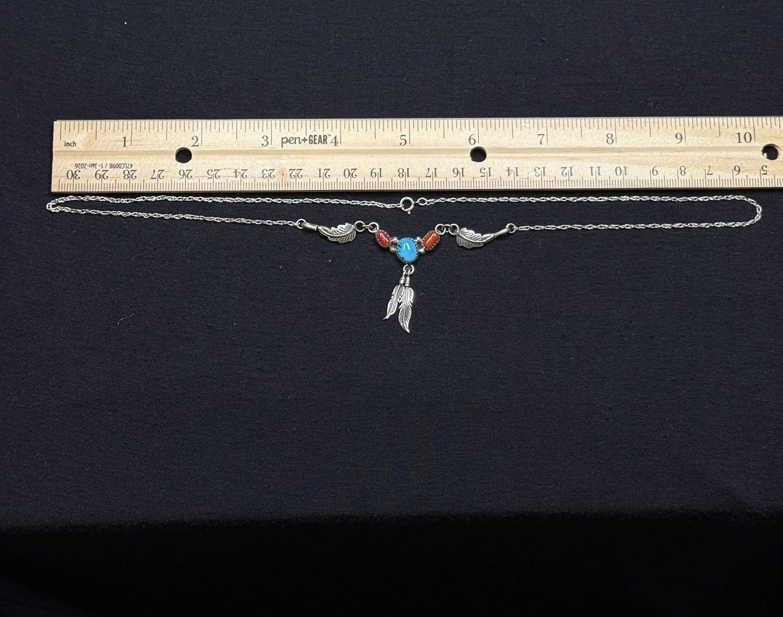 Estate Sterling Silver Necklace Native Navajo Turquoise Coral Feathers 925 20IN