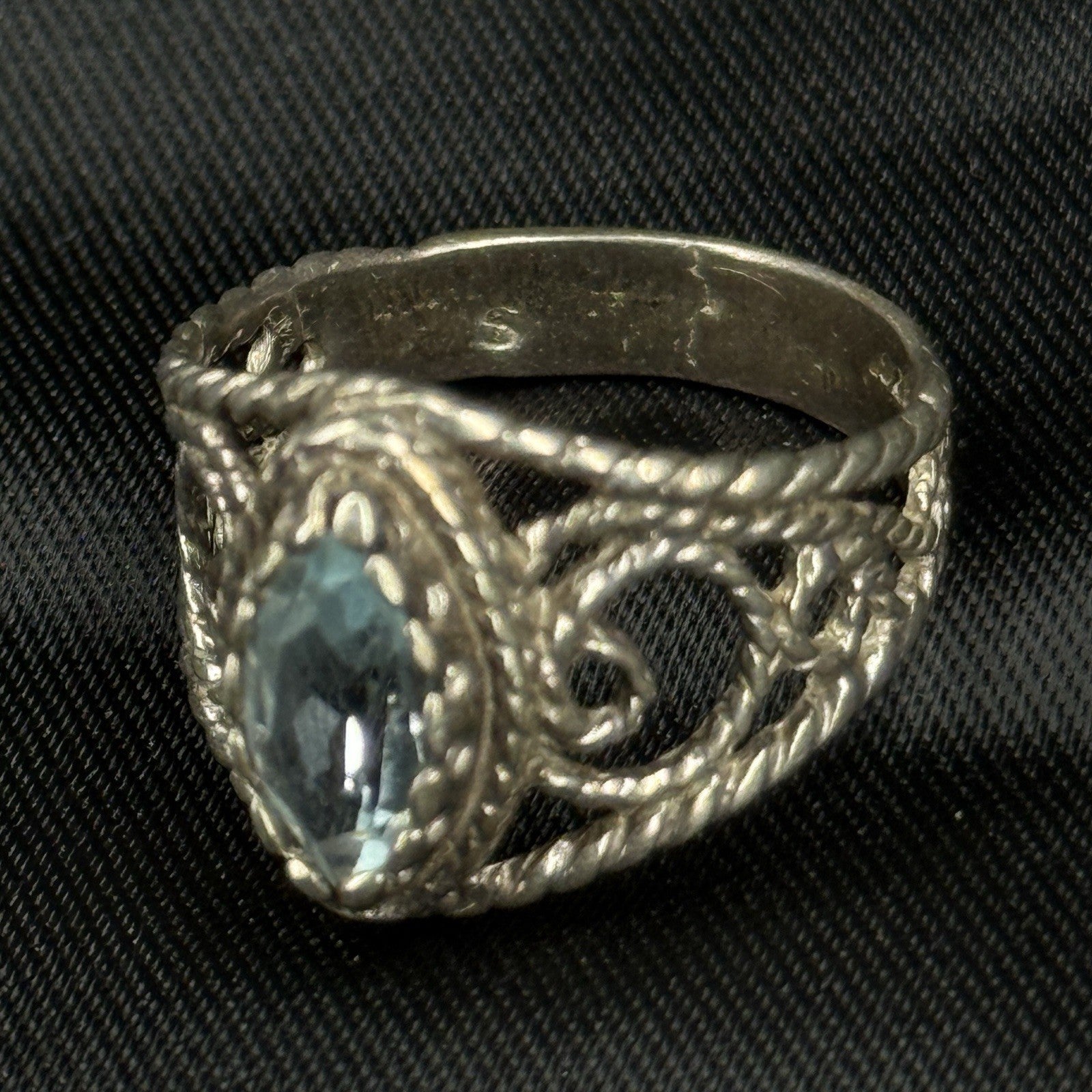 Estate Sterling Silver Ring Blue Topaz Filigree Rope Size 7 925