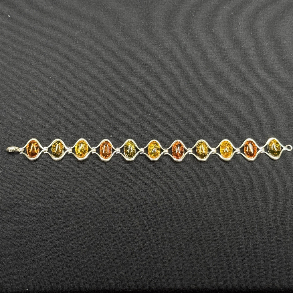 Estate Sterling Silver Tri-Color Amber Oval Link Bracelet Poland 925 7.5"