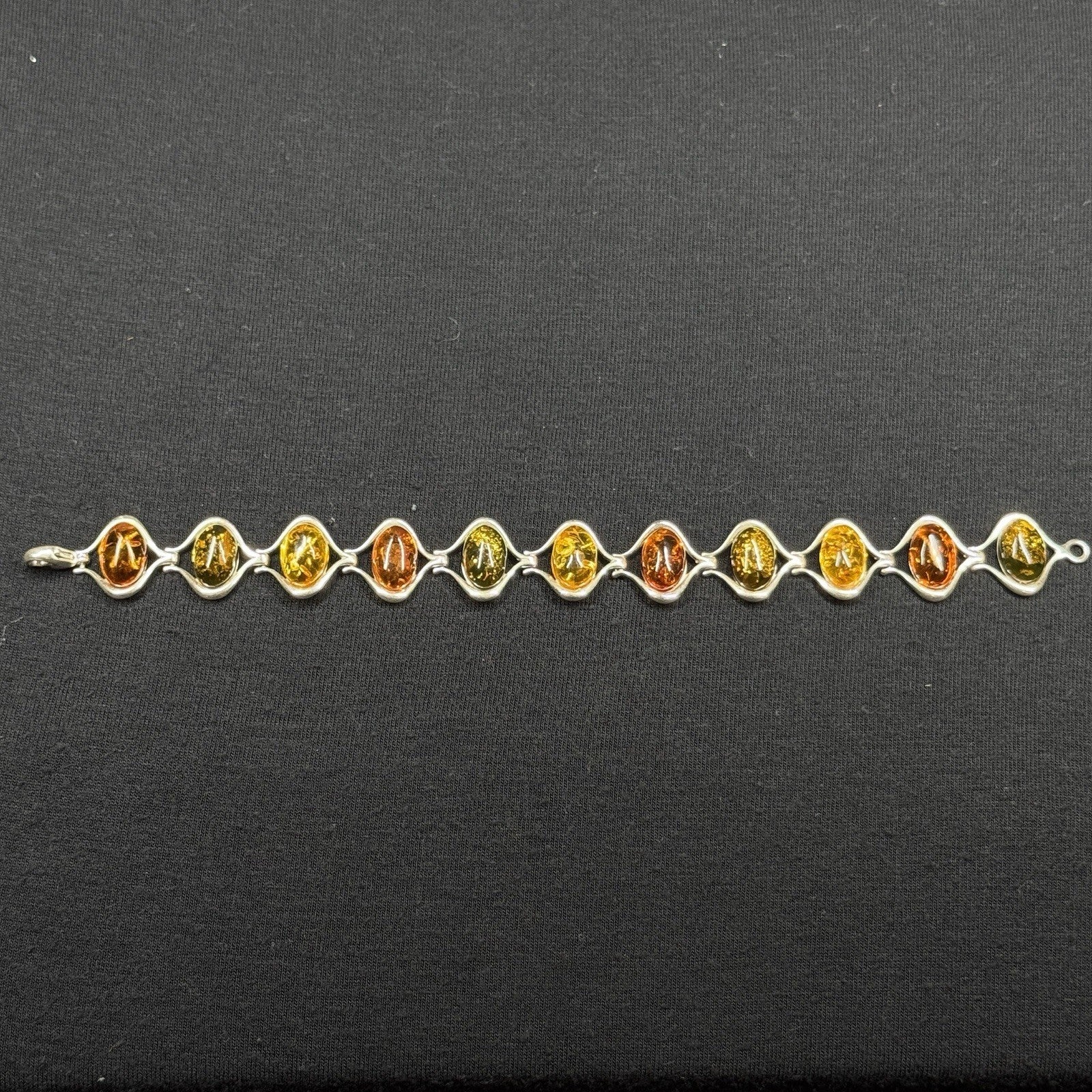 Estate Sterling Silver Tri-Color Amber Oval Link Bracelet Poland 925 7.5"